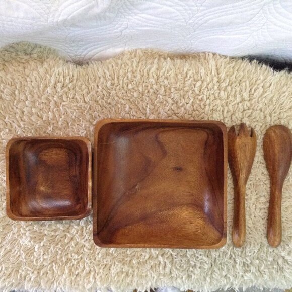 VINTAGE MCM Teak or Monkeypod Serving Set; Bowls, Spoon and Fork. Classic Style - Picture 3 of 5